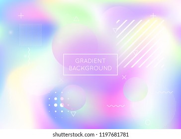 Liquid shapes background with dynamic fluid. Holographic bauhaus gradient with memphis elements. Graphic template for placard, presentation, banner, brochure. Iridescent liquid shapes background.