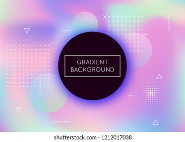 Liquid shapes background with dynamic fluid. Holographic bauhaus gradient with memphis elements. Graphic template for placard, presentation, banner, brochure. Multicolor liquid shapes background.