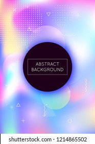 Liquid shapes background with dynamic fluid. Holographic bauhaus gradient with memphis elements. Graphic template for placard, presentation, banner, brochure. Pearlescent liquid shapes background.