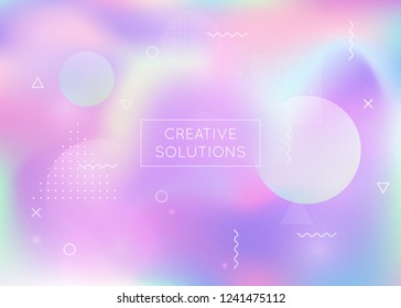 Liquid shapes background with dynamic fluid. Holographic bauhaus gradient with memphis elements. Graphic template for placard, presentation, banner, brochure. Colorful liquid shapes background.