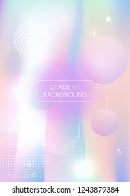 Liquid shapes background with dynamic fluid. Holographic gradient with memphis elements. Graphic template for brochure, banner, wallpaper, mobile screen. Trendy liquid shapes background.