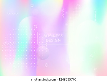 Liquid shapes background with dynamic fluid. Holographic bauhaus gradient with memphis elements. Graphic template for placard, presentation, banner, brochure. Hipster liquid shapes background.