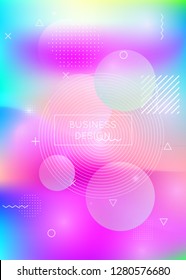 Liquid shapes background with dynamic fluid. Holographic bauhaus gradient with memphis elements. Graphic template for book, annual, mobile interface, web app. Stylish liquid shapes background.