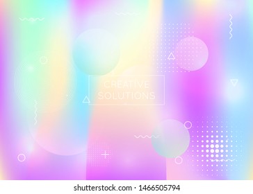 Liquid shapes background with dynamic fluid. Holographic bauhaus gradient with memphis elements. Graphic template for brochure, banner, wallpaper, mobile screen. Multicolor liquid shapes background.