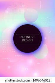 Liquid shapes background with dynamic fluid. Holographic bauhaus gradient with memphis elements. Graphic template for brochure, banner, wallpaper, mobile screen. Iridescent liquid shapes background.