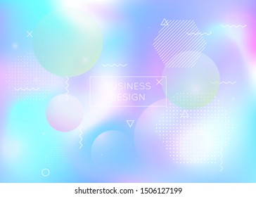 Liquid shapes background with dynamic fluid. Holographic bauhaus gradient with memphis elements. Graphic template for placard, presentation, banner, brochure. Stylish liquid shapes background.