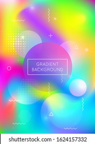 Liquid shapes background with dynamic fluid. Holographic bauhaus gradient with memphis elements. Graphic template for flyer, ui, magazine, poster, banner and app. Multicolor liquid shapes background.