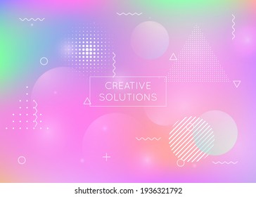 Liquid shapes background with dynamic fluid. Holographic bauhaus gradient with memphis elements. Graphic template for placard, presentation, banner, brochure. Fluorescent liquid shapes background.