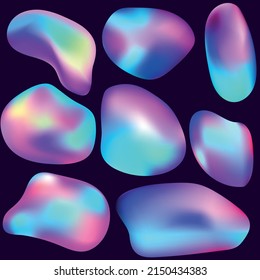 Liquid shapes collection. Set gradient colorful drops, splashes, blobs in trendy style. Isolated elements of holographic color. Perfect for social media, mobile app, web design etc. Colorful on dark