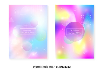 Liquid shapes cover with dynamic fluid. Holographic bauhaus gradient with memphis background. Graphic template for brochure, banner, wallpaper, mobile screen. Neon liquid shapes cover.