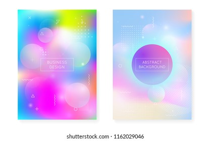 Liquid shapes cover with dynamic fluid. Holographic bauhaus gradient with memphis background. Graphic template for brochure, banner, wallpaper, mobile screen. Vibrant liquid shapes cover.