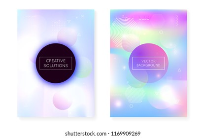 Liquid shapes cover with dynamic fluid. Holographic bauhaus gradient with memphis background. Graphic template for book, annual, mobile interface, web app. Plastic liquid shapes cover.