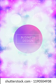 Liquid shapes cover with dynamic fluid. Neon bauhaus gradient with purple luminous background. Graphic template for placard, presentation, banner, brochure. Shiny liquid shapes cover.