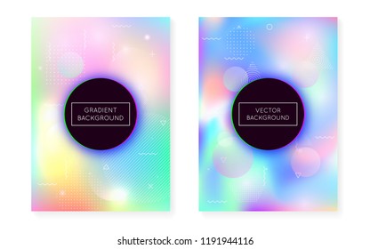 Liquid shapes cover with dynamic fluid. Holographic bauhaus gradient with memphis background. Graphic template for flyer, ui, magazine, poster, banner and app. Pearlescent liquid shapes cover.