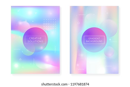 Liquid shapes cover with dynamic fluid. Holographic bauhaus gradient with memphis background. Graphic template for brochure, banner, wallpaper, mobile screen. Spectrum liquid shapes cover.