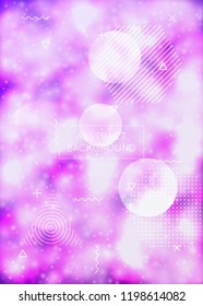 Liquid shapes cover with dynamic fluid. Neon bauhaus gradient with purple luminous background. Graphic template for placard, presentation, banner, brochure. Hipster liquid shapes cover.