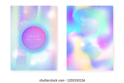 Liquid shapes cover with dynamic fluid. Holographic bauhaus gradient with memphis background. Graphic template for placard, presentation, banner, brochure. Retro liquid shapes cover.