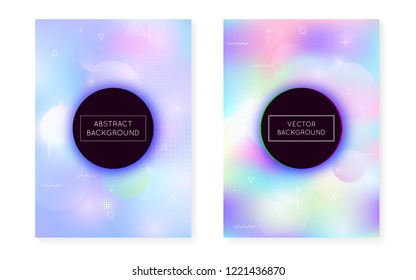 Liquid shapes cover with dynamic fluid. Holographic bauhaus gradient with memphis background. Graphic template for placard, presentation, banner, brochure. Spectrum liquid shapes cover.