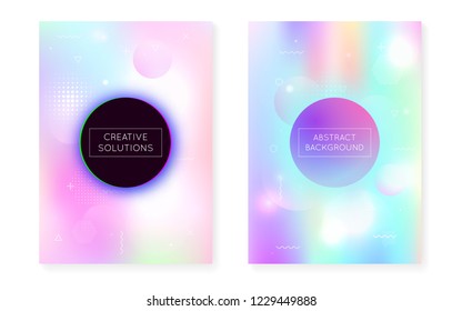 Liquid shapes cover with dynamic fluid. Holographic bauhaus gradient with memphis background. Graphic template for placard, presentation, banner, brochure. Vibrant liquid shapes cover.
