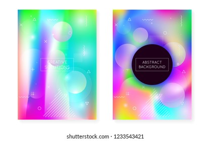 Liquid shapes cover with dynamic fluid. Holographic bauhaus gradient with memphis background. Graphic template for flyer, ui, magazine, poster, banner and app. Spectrum liquid shapes cover.
