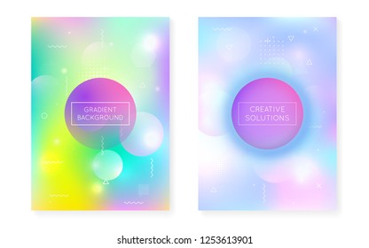 Liquid shapes cover with dynamic fluid. Holographic bauhaus gradient with memphis background. Graphic template for brochure, banner, wallpaper, mobile screen. Plastic liquid shapes cover.