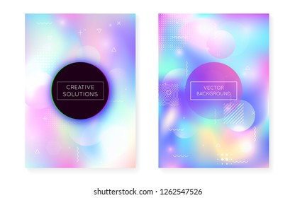 Liquid shapes cover with dynamic fluid. Holographic bauhaus gradient with memphis background. Graphic template for flyer, ui, magazine, poster, banner and app. Vibrant liquid shapes cover.