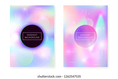 Liquid shapes cover with dynamic fluid. Holographic bauhaus gradient with memphis background. Graphic template for brochure, banner, wallpaper, mobile screen. Retro liquid shapes cover.