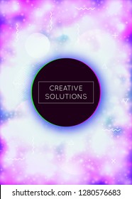 Liquid shapes cover with dynamic fluid. Neon bauhaus gradient with purple luminous background. Graphic template for placard, presentation, banner, brochure. Bright liquid shapes cover.