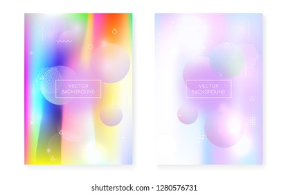 Liquid shapes cover with dynamic fluid. Holographic bauhaus gradient with memphis background. Graphic template for placard, presentation, banner, brochure. Multicolor liquid shapes cover.