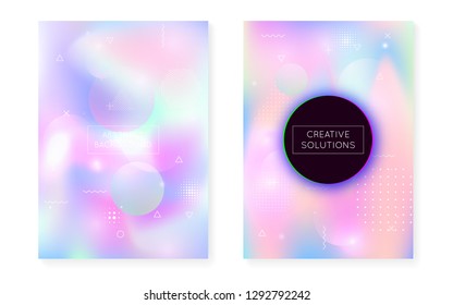 Liquid shapes cover with dynamic fluid. Holographic bauhaus gradient with memphis background. Graphic template for placard, presentation, banner, brochure. Futuristic liquid shapes cover.