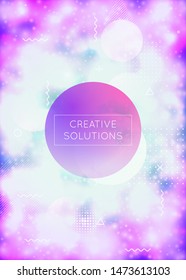 Liquid shapes cover with dynamic fluid. Neon bauhaus gradient with purple luminous background. Graphic template for placard, presentation, banner, brochure. Iridescent liquid shapes cover.