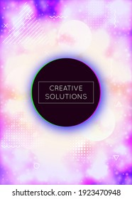 Liquid shapes cover with dynamic fluid. Neon bauhaus gradient with purple luminous background. Graphic template for brochure, banner, wallpaper, mobile screen. Sunburst liquid shapes cover.