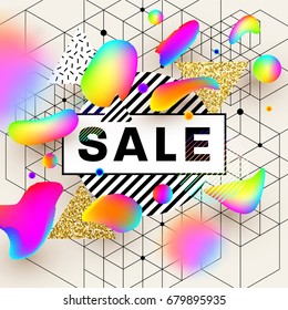 Liquid shapes and fluid drops with geometric patterns background for placards, posters, covers, banners and flyers. Vector illustration.