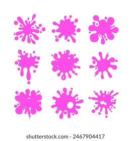 Liquid shapes, frames with uneven wavy edge set, collection. Paint or bubble gum stains, rounded blot with splashes, drops, blobs, droplets. Design elements, backgrounds.