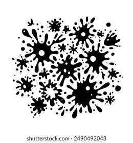 Liquid shapes, frames with uneven wavy edge set, composition. Water, fluid, paint, puddle, stain, rounded blot with splashes, drops, blobs, droplets. Design elements, backgrounds.