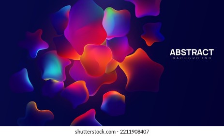 Liquid shapes glowing in the dark. Abstract forms on dark blue background. Realistic 3d fluid bubbles, drops and blops.
