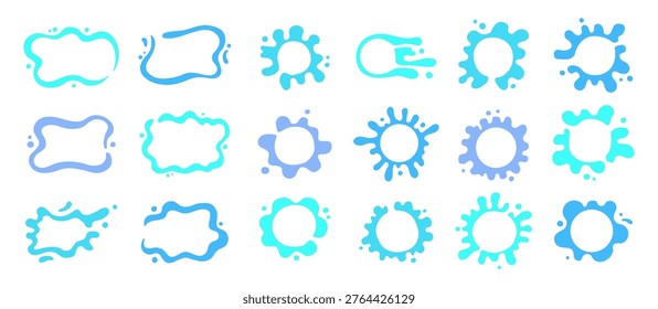 Liquid shapes icon sign set. Symbol fluid puddles, wavy stains splashes water drops blobs. Bubble watery background for text. Smooth blotches soft uneven spills drips abstract shapes frames design
