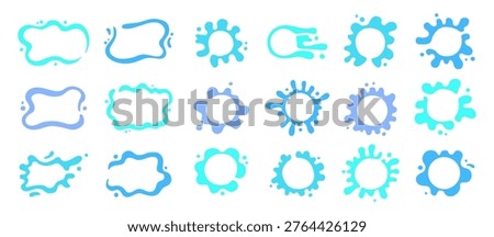 Liquid shapes icon sign set. Symbol fluid puddles, wavy stains splashes water drops blobs. Bubble watery background for text. Smooth blotches soft uneven spills drips abstract shapes frames design