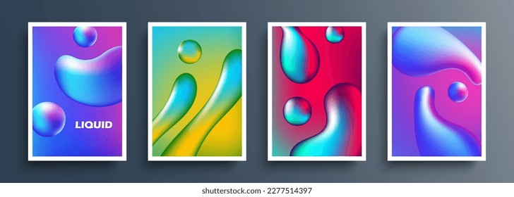 Liquid shapes. Realistic blobs or splashes backgrounds collection. Fluid dynamic 3d elements for your creative graphic design. Vector illustration.