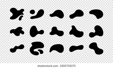Liquid shapes, round abstract elements. Simple blotch water forms. Abstract organic black fluid blobs irregular shapes set of collection for speech bubbles. Vector illustration on a transparent bg.