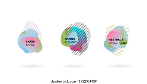 Liquid Shapes Vector Set. Grüne, violette flüssige organische Formen. Dynamische Splashes. Business Fluid Banner. Business Gradient Overlay-Muster. Trendy Wavy Geometric Fluid Forms. Elemente für das Logo der digitalen Benutzeroberfläche