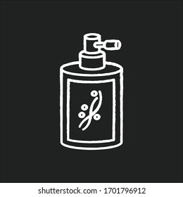 Sílice líquida en la tiza del frasco icono blanco sobre fondo negro. Acondicionador en recipiente con pulverizador. Producto cosmético químico para tratamiento capilar. Ilustración aislada de cartón vectorial