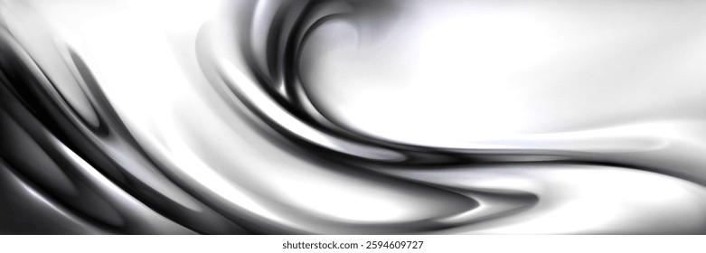 Liquid silver background with abstract waves. Vector realistic illustration of glossy chrome metal texture, smooth grey silk cloth, steel color fluid substance, wavy surface, aluminum foil material