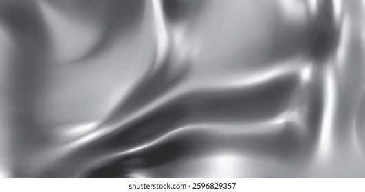Liquid silver background with abstract waves. Vector realistic illustration of glossy chrome metal texture, smooth grey silk cloth, steel color fluid substance, wavy surface, aluminum foil material