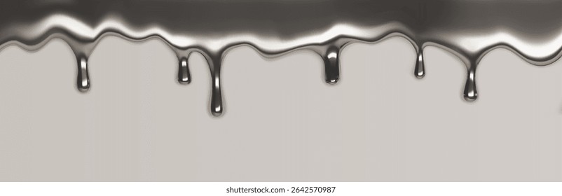 Borda prata líquida isolada em segundo plano. Ilustração realista de vetor de substância de cromo fundido com gotas brilhantes, respingo de tinta metálica, platina lisa, aço, quadro de alumínio com bolhas