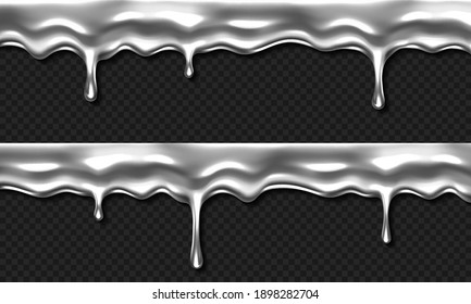 Liquid silver drip, dripping metal, mercury, chrome gray slime or goo border. Falling drops dribble down, sticky melting blob or nail polish isolated on transparent background, Realistic 3d vector set - Shutterstock ID 1898282704