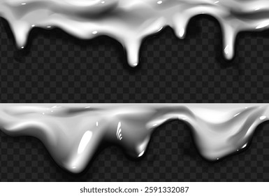 Liquid silver drips on transparent background - metallic molten drops and blobs with shadows. Trendy decorative element or overlay for graphic design. Realistic glossy metal shiny fluid splashes.