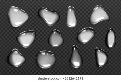 Liquid silver drops and blobs set on transparent background - glossy metallic splashes collection. Shiny mercury fluid shapes with shadows and reflections. Melted elements for design projects.
