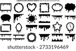 Liquid slime design asset collection in solid black silhouette. This vector set offers a variety of dripping frames, banners and shapes including rounded and rectangular borders, speech bubbles, splats, horizontal drips, star and circle badges, clock‑like circle and jagged slime ground. Thick drips create a horror, Halloween, toxic, graffiti or slime game interface feel. Use these editable shapes as text boxes, labels, stickers, lower thirds, website headers, social media graphics, party invitations, t‑shirt graphics and more. All elements are isolated on white and fully scalable.