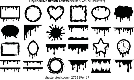 Liquid slime design asset collection in solid black silhouette. This vector set offers a variety of dripping frames, banners and shapes including rounded and rectangular borders, speech bubbles, splats, horizontal drips, star and circle badges, clock‑like circle and jagged slime ground. Thick drips create a horror, Halloween, toxic, graffiti or slime game interface feel. Use these editable shapes as text boxes, labels, stickers, lower thirds, website headers, social media graphics, party invitations, t‑shirt graphics and more. All elements are isolated on white and fully scalable.